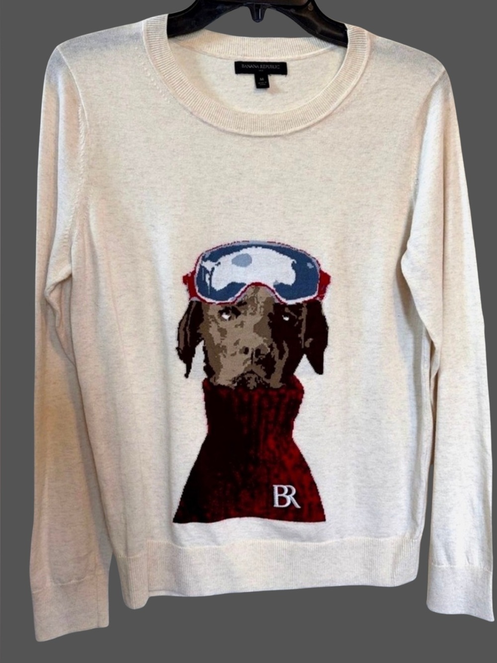Banana Republic Dog Ski Sweater M Ivory Cotton Winter Knit Intarsia Pullover